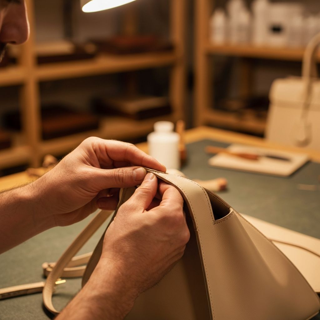 Artisan crafting leather handbag
